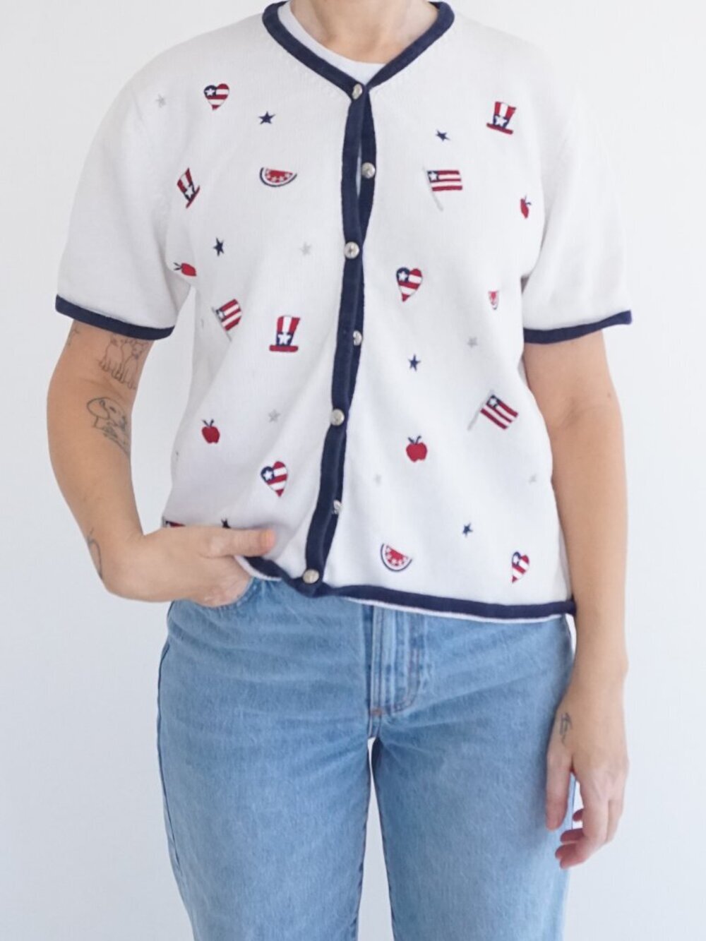Croft Barrow White Flag Apple Watermelon Patriotic Print Button Cardigan M